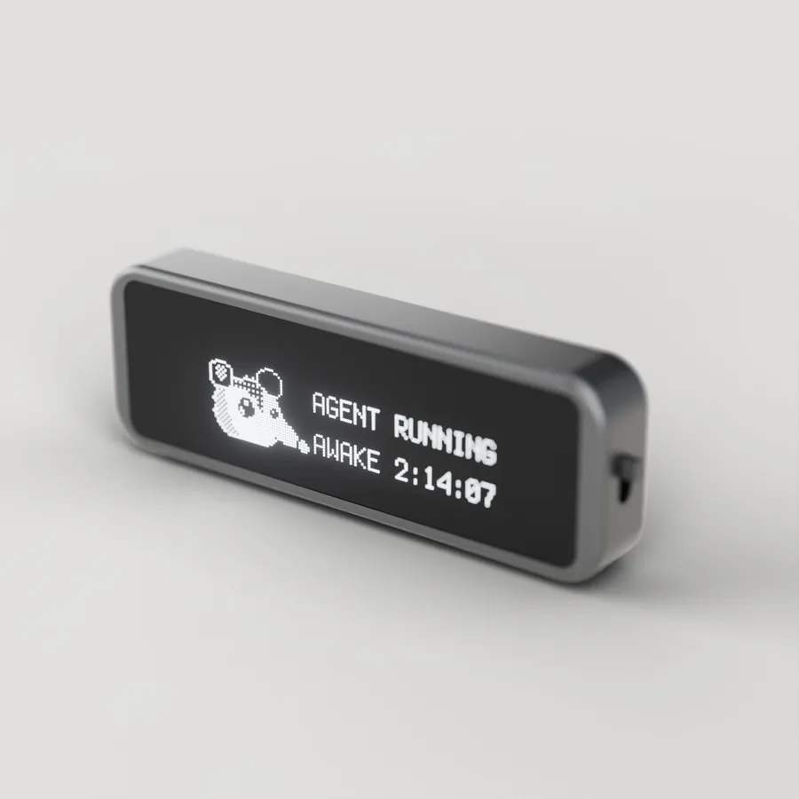 Render: the Possum key on its own: a slim aluminum bar with black glass across the front, a screen showing a pixel possum, and a slide switch on the end.