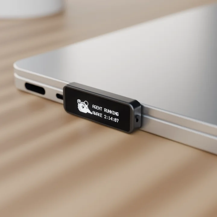 Render: the key on a closed MacBook on a wooden desk in daylight.