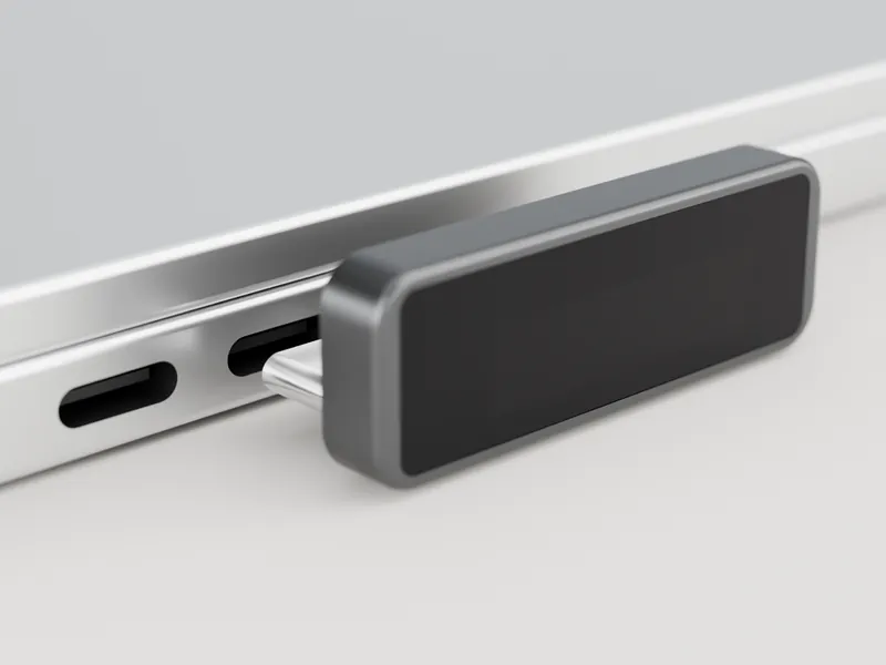Render: the key just before it goes into a USB-C port on the side of a MacBook, its plug showing between the key and the port.
